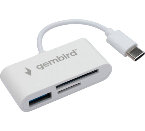 Изображение товара Картридер Gembird Type-C (2.0) 3в1: SD, TF (MicroSD), USB2.0, кабель 10см, белый, FD2-MSD-2
