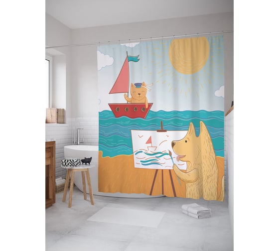 Изображение товара Штора (занавеска) для ванной JoyArty "Собака мольберт" из сатена, 180х200 см с крючками, sc_64179