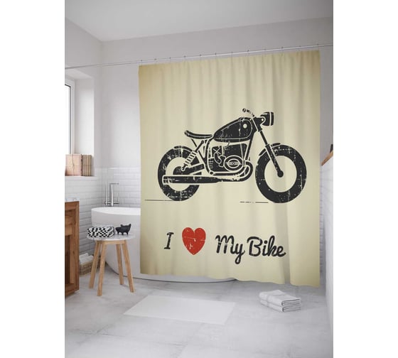 Изображение товара Штора (занавеска) для ванной JoyArty "Любовь и мотоцикл" из сатена, 180х200 см с крючками, sc_9929