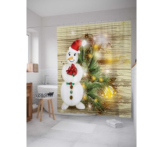 Изображение товара Штора (занавеска) для ванной JoyArty "Веселый снеговик" из сатена, 180х200 см с крючками, sc_5759