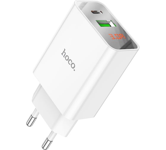 Изображение товара Зарядное устройство Hoco с дисплеем 18Вт, 3А, QC3.0/PD, 1хUSB, 1хType-C, C100A, белый, коробка, 6931474769800