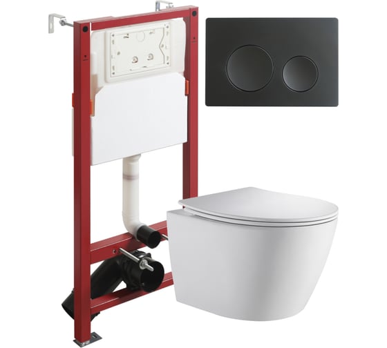 Изображение товара Унитаз подвесной ORANGE безободковый, белый, с инсталляцией, микролифт, кнопка смыва черная CI07-150W+APB144