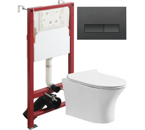 Изображение товара Унитаз подвесной ORANGE безободковый, белый, с инсталляцией, микролифт, кнопка смыва черная CI01-100W+APB244