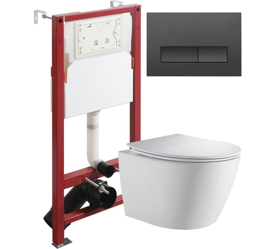 Изображение товара Унитаз подвесной ORANGE безободковый, белый, с инсталляцией, микролифт, кнопка смыва черная CI07-150W+APB244