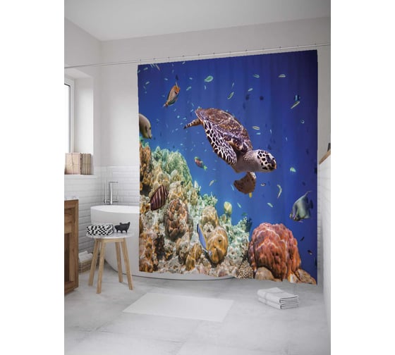 Изображение товара Штора (занавеска) для ванной JoyArty "Территория черепахи" из сатена, 180х200 см с крючками, sc_9236