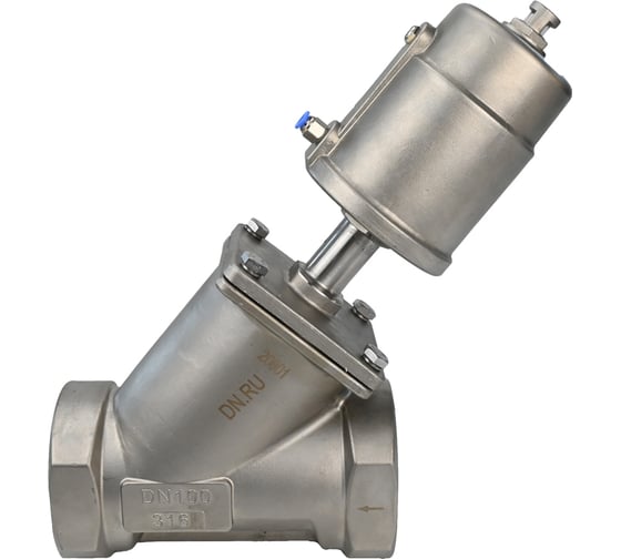 Изображение товара Клапан отсечной пневматический DN.ru 316-304-PT Ду100 Ру25 резьбовой, Y-образный D490-00018