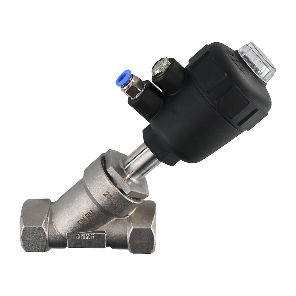 Изображение товара Отсечной пневматический клапан DN.ru 316P-PVT Ду32 Ру25 резьбовой, Y-образный D490-00004