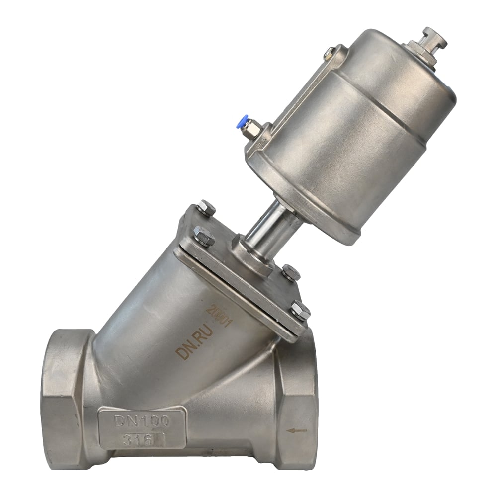Изображение товара Отсечной пневматический клапан DN.ru 316-316-PVT Ду65 Ру25 резьбовой Y-образный