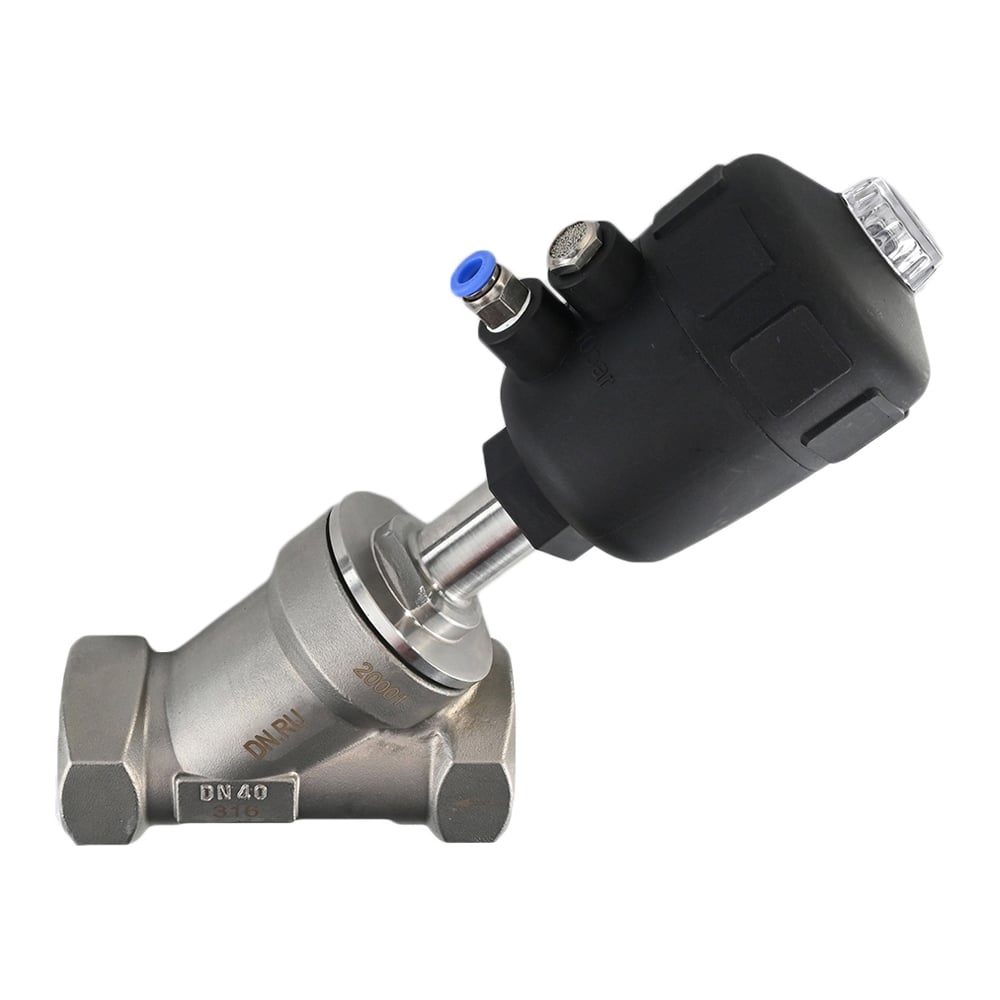 Изображение товара Отсечной пневматический клапан DN.ru 316P-PVT Ду40 Ру25 резьбовой, Y-образный D490-00005