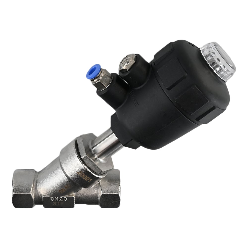 Изображение товара Отсечной пневматический клапан DN.ru 316P-PVT Ду20 Ру25 резьбовой Y-образный