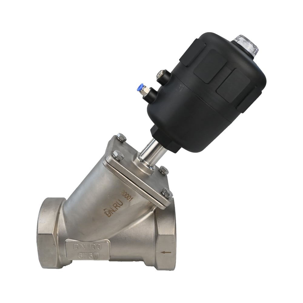 Изображение товара Отсечной пневматический клапан DN.ru 316P-PVT Ду100 Ру25 резьбовой Y-образный