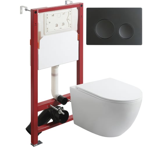 Изображение товара Унитаз подвесной безободковый белый с инсталляцией Agger микролифт, кнопка смыва черная ATI07150+APB144