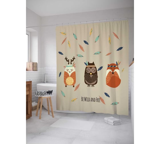 Изображение товара Штора (занавеска) для ванной JoyArty "Сова, олень и лиса" из сатена, 180х200 см с крючками, sc_52900