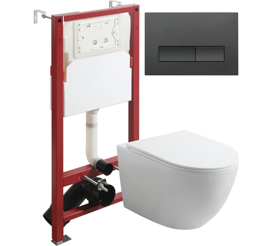 Изображение товара Унитаз подвесной безободковый белый с инсталляцией Agger микролифт, кнопка смыва черная ATI07150+APB244