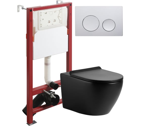 Изображение товара Унитаз подвесной безободковый черный с инсталляцией Agger микролифт, кнопка смыва хром ATI03144+APB100