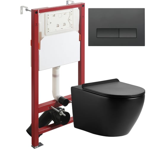 Изображение товара Унитаз подвесной безободковый черный с инсталляцией Agger микролифт, кнопка смыва черная ATI03144+APB244