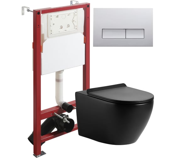 Изображение товара Унитаз подвесной безободковый черный с инсталляцией Agger микролифт, кнопка смыва хром ATI03144+APB200