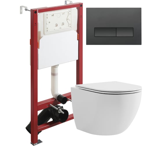 Изображение товара Унитаз подвесной безободковый белый с инсталляцией Agger микролифт, кнопка смыва черная ATI03100+APB244