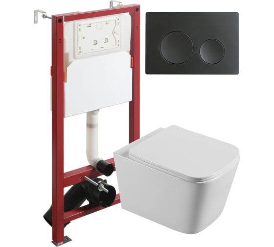 Изображение товара Унитаз подвесной безободковый белый с инсталляцией Agger микролифт, кнопка смыва черная ATI04100+APB144