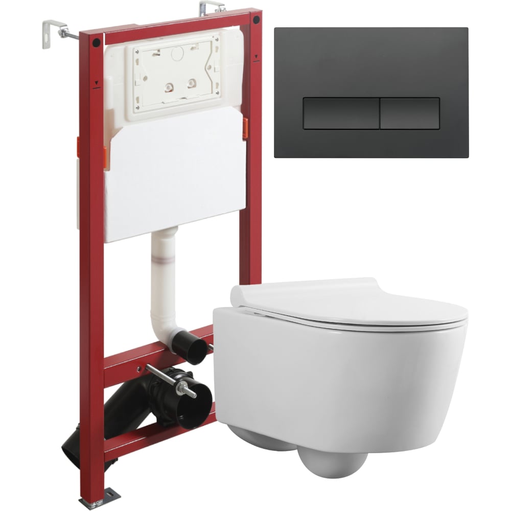 Изображение товара Подвесной безободковый унитаз Agger с инсталляцией микролифтом и черной кнопкой