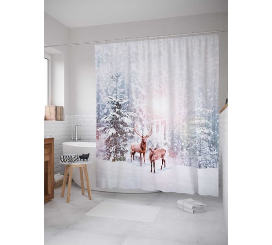 Изображение товара Штора (занавеска) для ванной JoyArty "Олени в снегу" из сатена, 180х200 см с крючками, sc_78647
