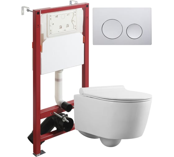 Изображение товара Унитаз подвесной безободковый белый с инсталляцией Agger микролифт, кнопка смыва хром ATI05100+APB100