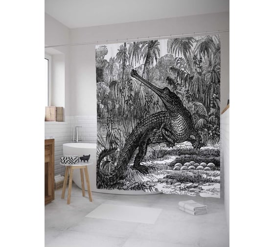 Изображение товара Штора (занавеска) для ванной JoyArty "Древний крокодил" из сатена, 180х200 см с крючками, sc_32624