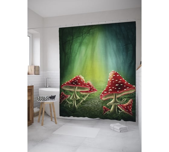 Изображение товара Штора (занавеска) для ванной JoyArty "Сказочные мухоморы" из сатена, 180х200 см с крючками, sc_59613