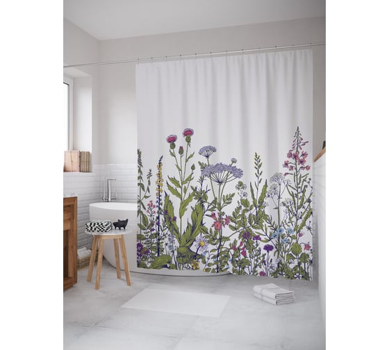 Изображение товара Штора (занавеска) для ванной JoyArty "Полевые цветы и травы" из сатена, 180х200 см с крючками, sc_63427