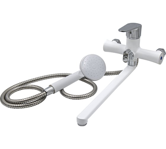 Изображение товара Однорычажный смеситель для ванны РемоКолор лейка, шланг, настенный, белый, керам. карт. 35мм, 67-0-823