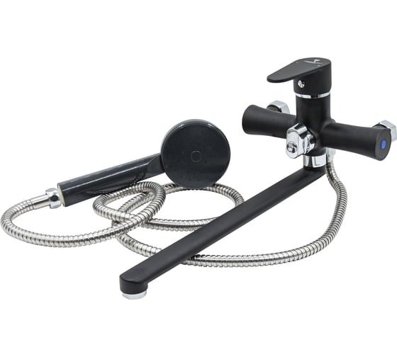 Изображение товара Однорычажный смеситель для ванный РемоКолор лейка, шланг, настенный, черный, керам. карт. 3 5мм, 67-0-827