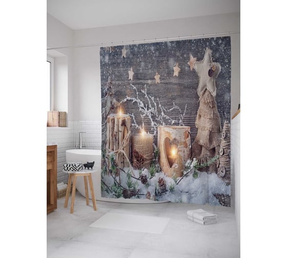 Изображение товара Штора (занавеска) для ванной JoyArty "Новогодние свечи" из сатена, 180х200 см с крючками, sc_5543