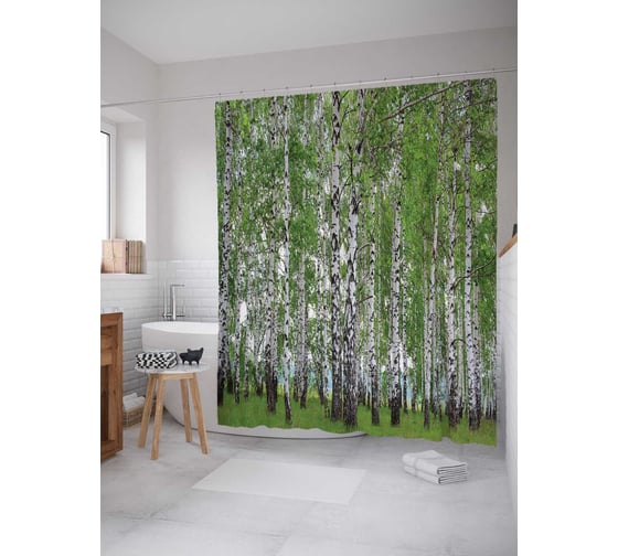 Изображение товара Штора (занавеска) для ванной JoyArty "Березовые мысли" из сатена, 180х200 см с крючками, sc_6481