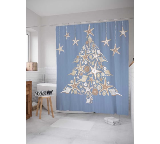 Изображение товара Штора (занавеска) для ванной JoyArty "Звездная елка" из сатена, 180х200 см с крючками, sc_5709