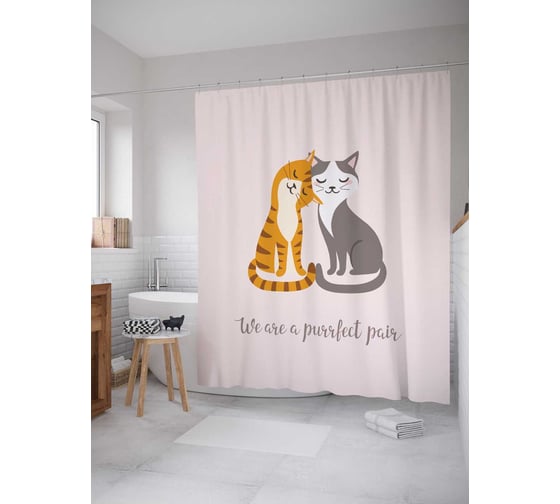 Изображение товара Штора (занавеска) для ванной JoyArty "Лучшая пара котиков" из сатена, 180х200 см с крючками, sc_92004