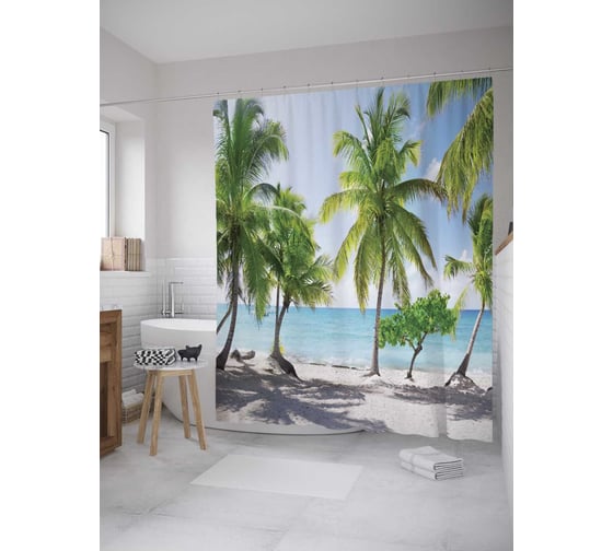 Изображение товара Штора (занавеска) для ванной JoyArty "Береговые пальмы" из сатена, 180х200 см с крючками, sc_8973