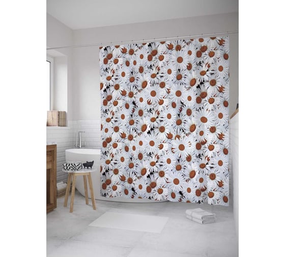 Изображение товара Штора (занавеска) для ванной JoyArty "Ромашковая земля" из сатена, 180х200 см с крючками, sc_8094