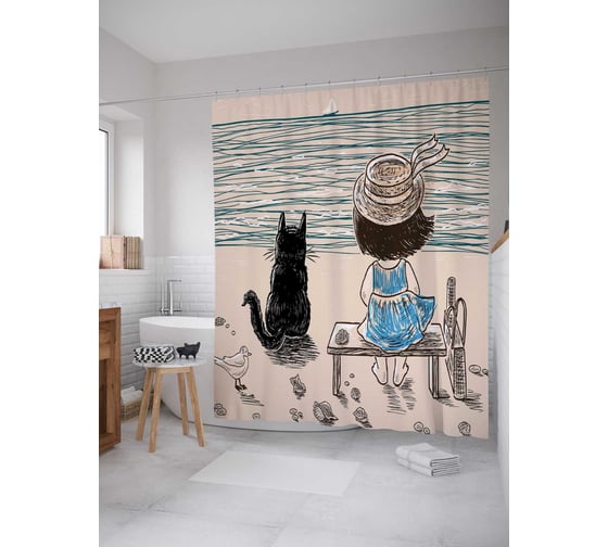 Изображение товара Штора (занавеска) для ванной JoyArty "Девочка с котом на берегу реки" из сатена, 180х200 см с крючками, sc_62491