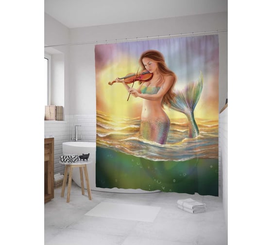 Изображение товара Штора (занавеска) для ванной JoyArty "Русалка и скрипка" из сатена, 180х200 см с крючками, sc_9104