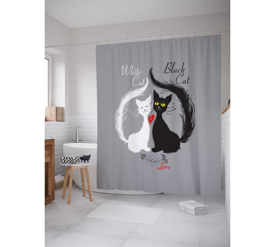 Изображение товара Штора (занавеска) для ванной JoyArty "Коты и обглоданные косточки" из сатена, 180х200 см с крючками, sc_52764