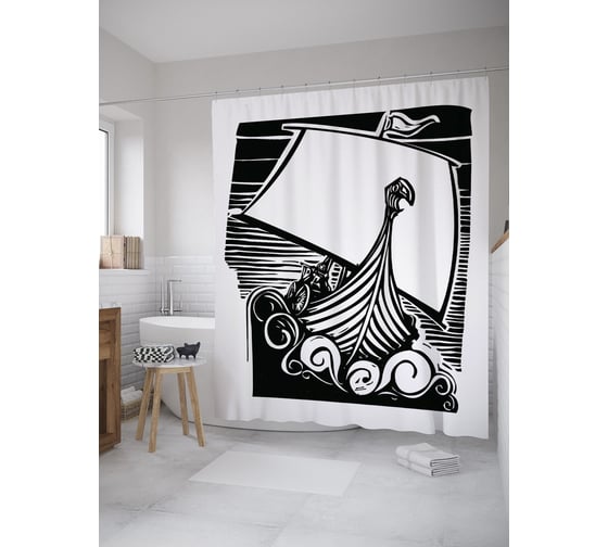 Изображение товара Штора (занавеска) для ванной JoyArty "Корабль викингов" из сатена, 180х200 см с крючками, sc_59755