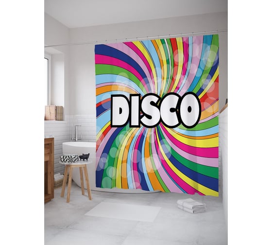 Изображение товара Штора (занавеска) для ванной JoyArty "Цветное диско" из сатена, 180х200 см с крючками, sc_63043