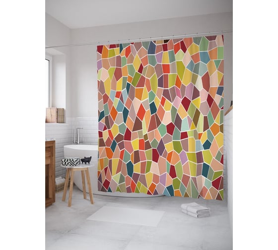 Изображение товара Штора (занавеска) для ванной JoyArty "Цветная мозаика" из сатена, 180х200 см с крючками, sc_62976