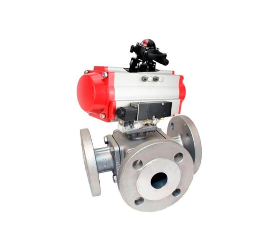 Изображение товара Шаровой кран DN.ru 316-316-PTFE L-тип Ду40 Ру16, пневмопривод, пн.распределитель, БКВ D160-32415