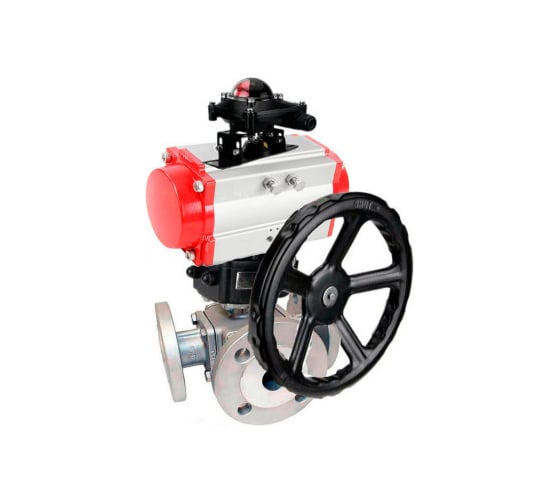 Изображение товара Шаровой кран DN.ru 316-316-PTFE L-тип Ду40 Ру16, пневмопривод, БКВ, дублер D160-32694