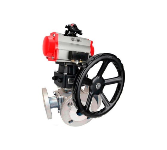 Изображение товара Шаровой кран DN.ru 316-316-PTFE L-тип Ду40 Ру16, пн.привод, пн.распред., БКВ, дублер D160-32469