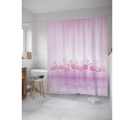 Изображение товара Штора (занавеска) для ванной JoyArty "Фламинго в тумане" из сатена, 180х200 см с крючками, sc_9040