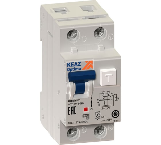 Изображение товара Автоматический выключатель дифференциального тока с защитой от сверхтоков КЭАЗ OptiDin D63-24C16-A-УХЛ4 2P, C16, 300mA 103517