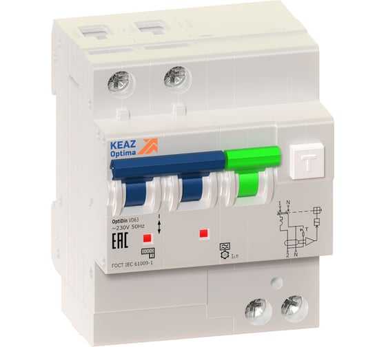 Изображение товара Автоматический выключатель дифференциального тока с защитой от сверхтоков КЭАЗ OptiDin VD63-22C20-A-УХЛ4 2P, C20, 30mA 103454