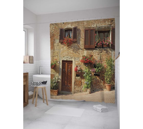 Изображение товара Штора (занавеска) для ванной JoyArty "Цветы на стене" из сатена, 180х200 см с крючками, sc_9202